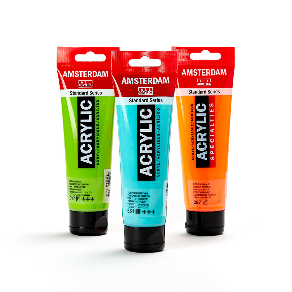 Three tubes of 120mL Amsterdam Acrylic in the colours Yellowish Green, Turquoise Green, and Reflex Orange on a white background.