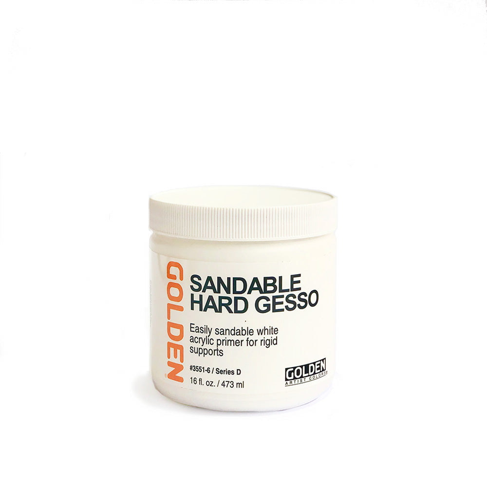 GOLDEN Acrylic Sandable Hard Gesso is formulated with 100% acrylic polymer emulsion. It contains high levels of titanium dioxide, calcium carbonate, and other inert solids to produce an easily sanded surface.