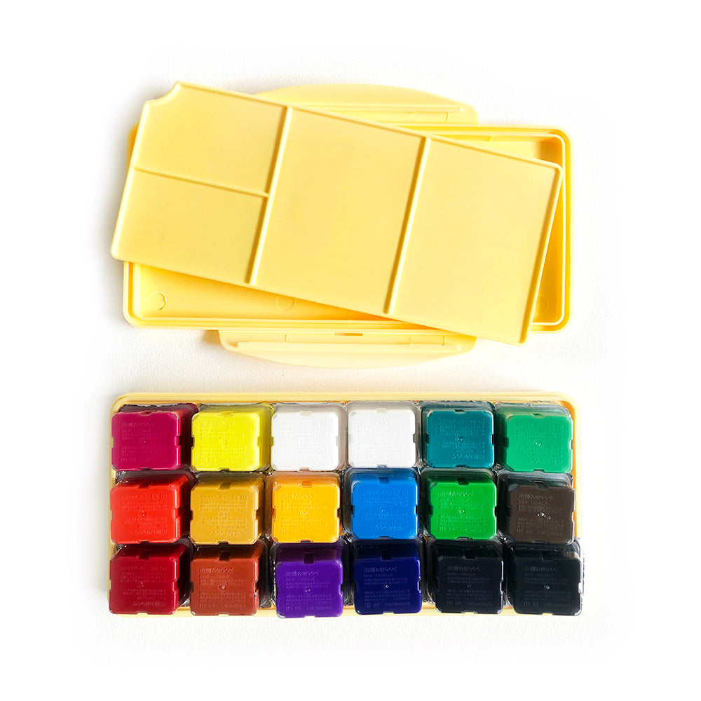 HIMI Jelly Gouache Set of 18 Colours in a buttercup Yellow Case. Colours: Crimson, Scarlet Red, Magenta, Lemon Yellow, Yellow Ochre, Burnt Sienna, Warm Yellow, Violet, Light Blue, Dark Blue, Indigo, Black, Aqua, Grass Green, Mid Green, Dark Brown and two White Jelly pots.