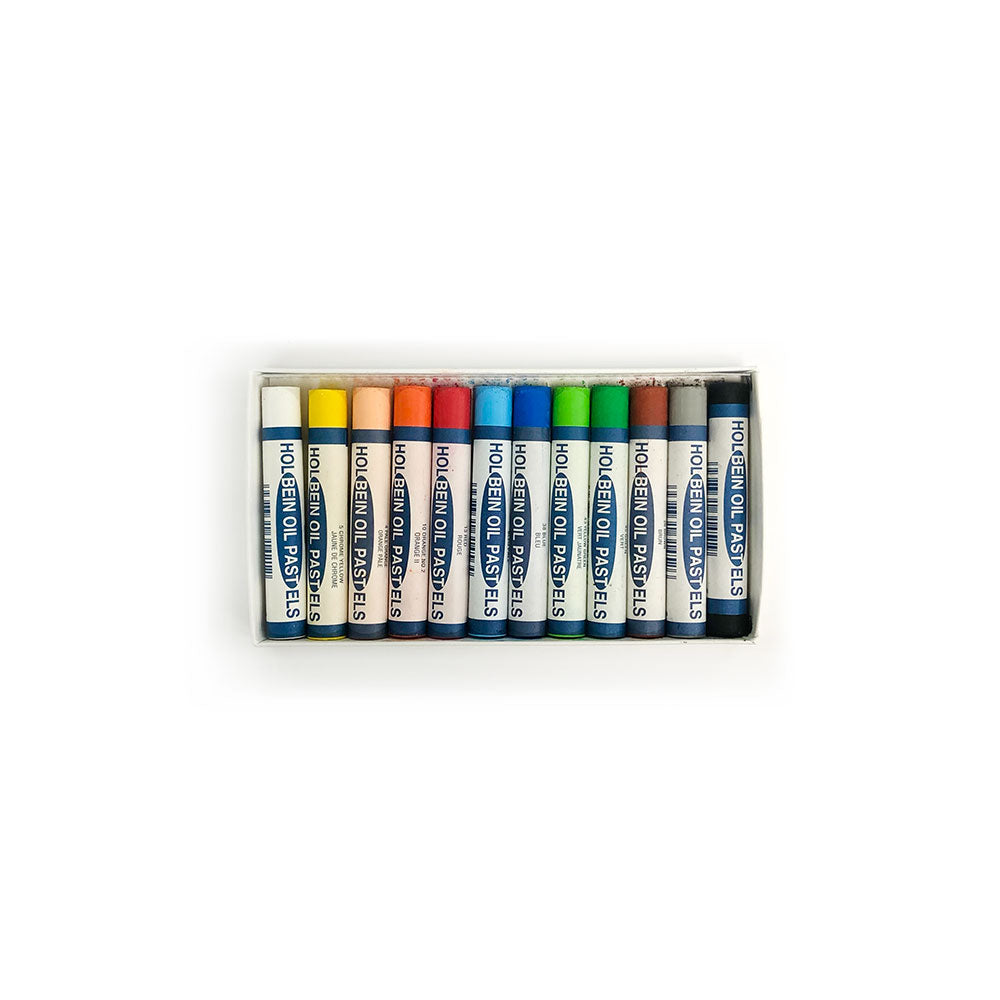 Holbein Oil Pastels Set of 12 Open: White, Yellow, Beige, Orange, Red, Light Blue, Mid Blue, Lime Green, Mid Green, Burnt Sienna, Mid Grey, Black