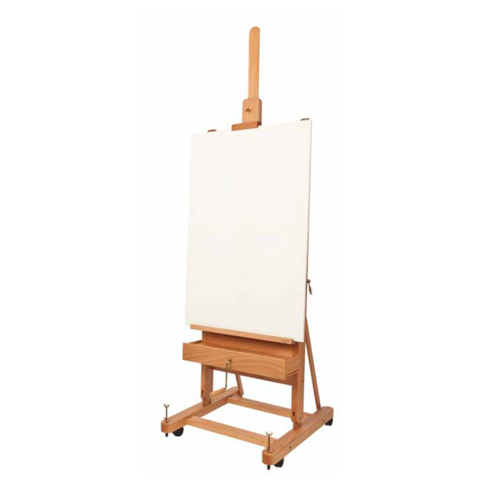 Mabef M05 Studio Easel is constructed of stain-resistant oil stained beech wood. This easel has two smaller storage compartments that slide out from the canvas holder, and a crank mechanism for ease in adjusting the height of the canvas holder. Mabef easels are 100% made in Italy.