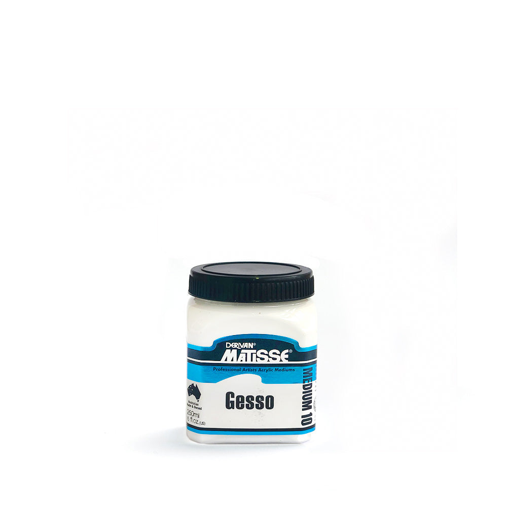 Matisse White Gesso MM10 250mL. Clear square tub with black lid filled with white gesso.