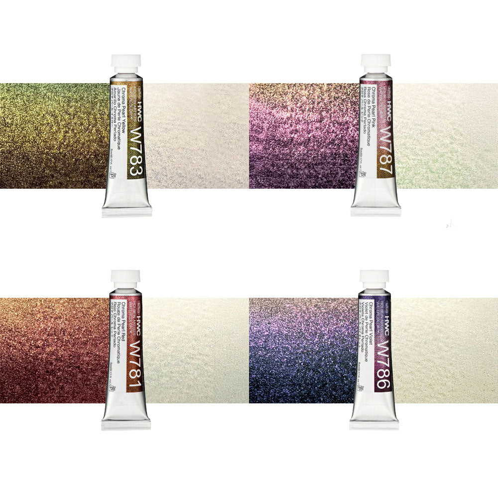Holbein Artists Watercolour Chroma Pearl Set of 8 x 5mL Chroma Pearl Yellow, Chroma Pearl Pink, Chroma Pearl Red, Chroma Pearl Violet.