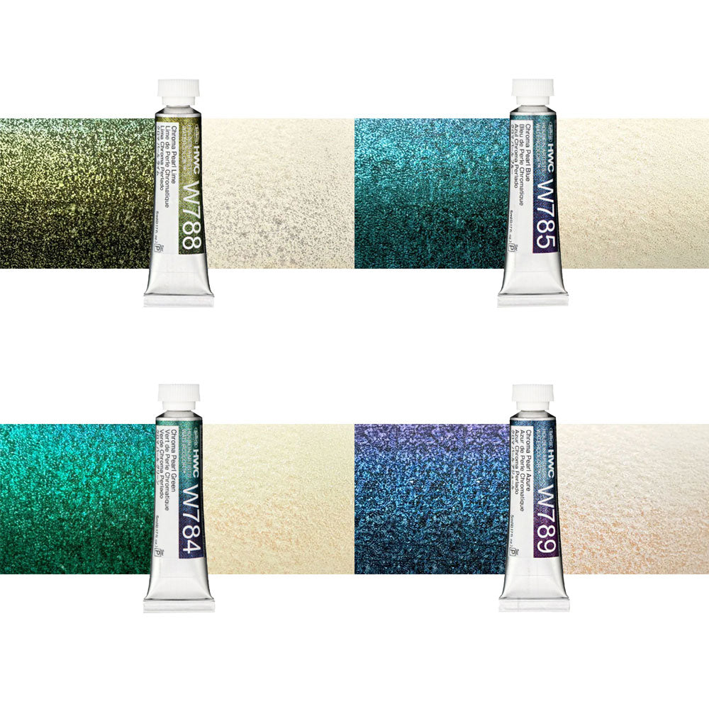 Holbein Artists Watercolour Chroma Pearl Set of 8 x 5mL Chroma Pearl Lime, Chroma Pearl Blue, Chroma Pearl Green, Chroma Pearl Azure