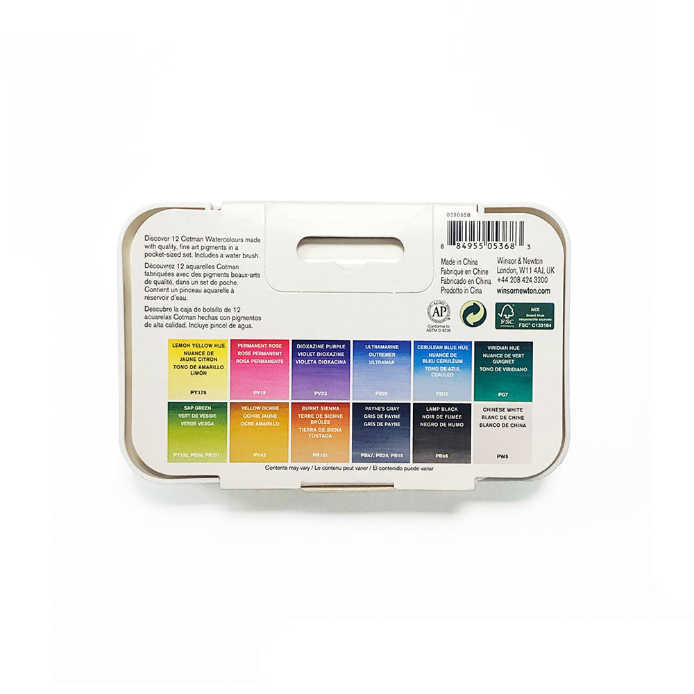 Cotman Watercolour Half Pans Set Contains Lemon Yellow Hue, Permanent Rose, Dioxazine Purple, Ultramarine, Cerulean Blue Hue, Viridian Hue, Sap green, Yellow Ochre, Burnt Sienna, Paynes Grey, Lamp Black, Chinese White.