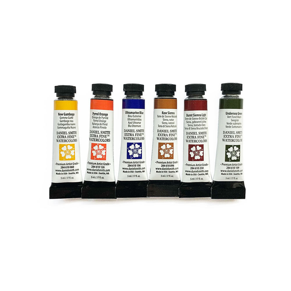 Daniel Smoth 5mL Watercolour New Gamboge, Pyrrole Orange, Ultramarine Blue, Raw Sienna, Burnt Sienna Light, Undersea Green.