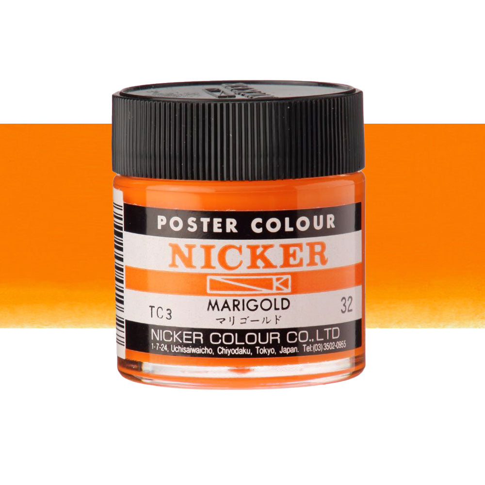 Jar of Nicker poster colour paint in Marigold Orange on a white background 40mL