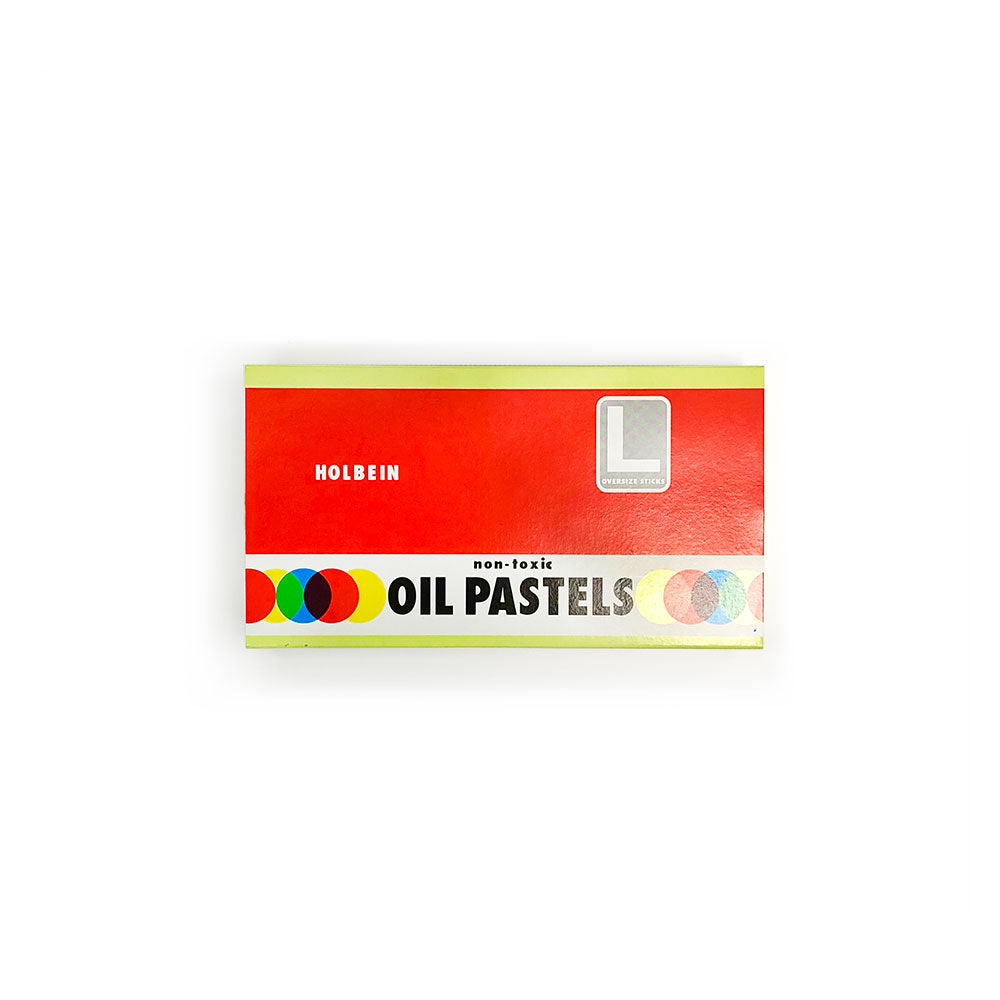 Holbein Oil Pastels Set of 12 Lid: Red retro design, with overlapping red, blue, yellow circle banner. Non-Toxic