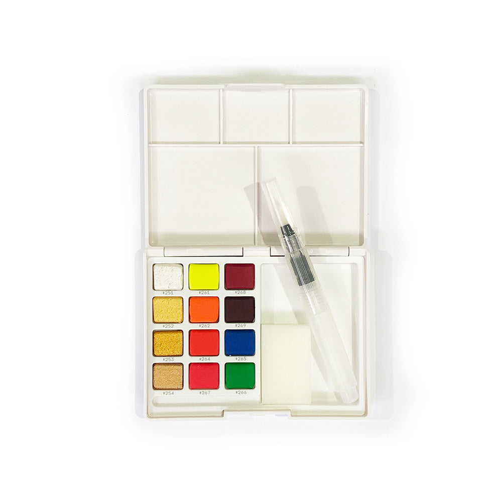 Koi Creative Art Watercolour Set of 12 Pans open. Inside is a water small fillable brush, and 12 colour Fluoro yellow, orange, red, rose, magenta, violet, blue, green. Silver, light gold, deep gold and copper
