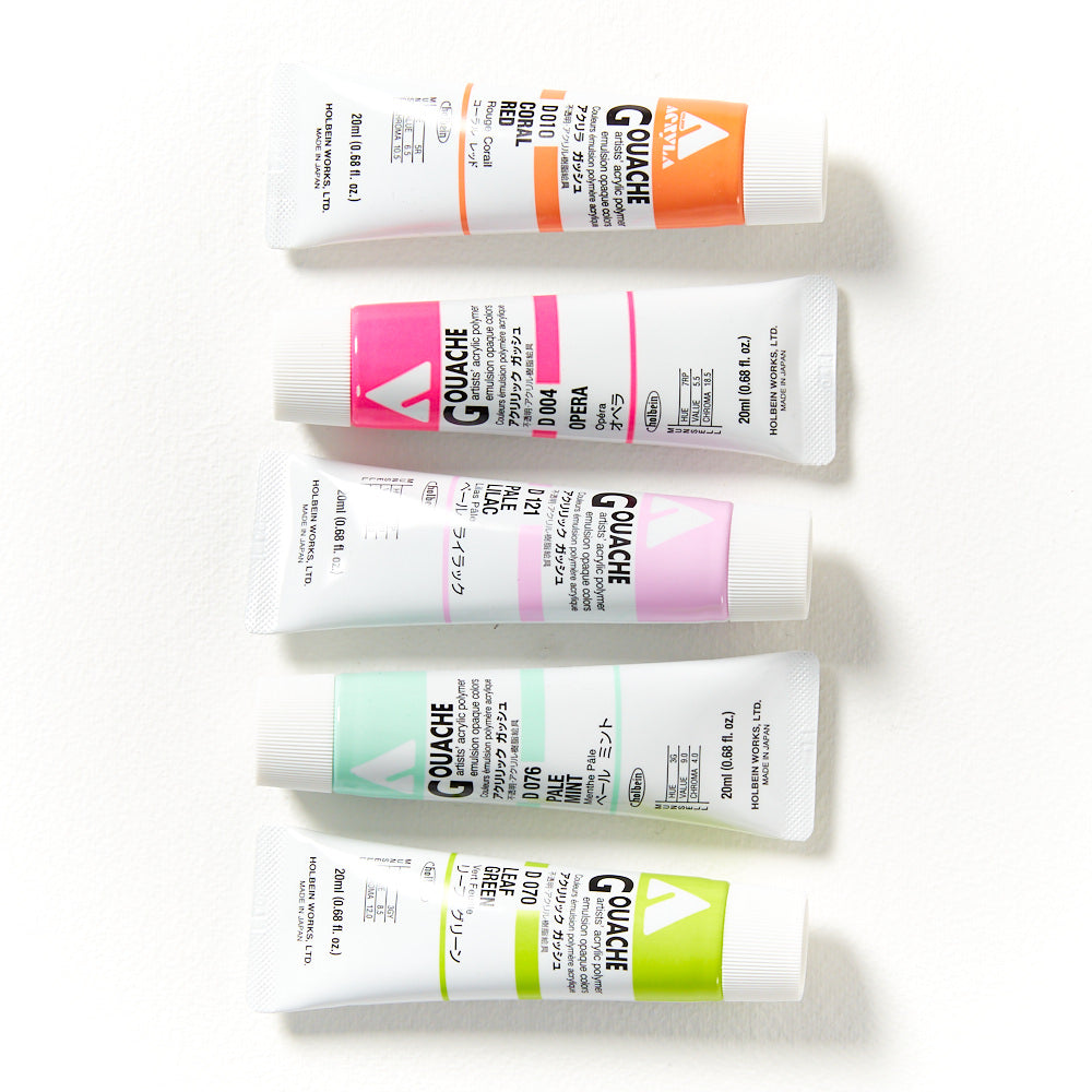 Five tubes of Holbein Acryla Gouache in a line. Vertically stacked, Coral Red, Opera, Pale Lilac, Pale Mint, Leaf Green.