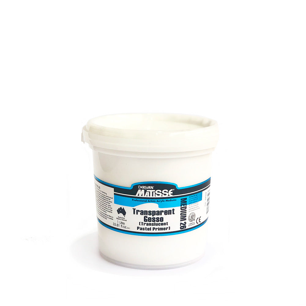 Matisse Transparent Gesso MM26 is similar to MM10 Gesso and MM25 Black Gesso only without pigmentation; therefore, giving a transparent (although not altogether clear) flexible primer for canvas