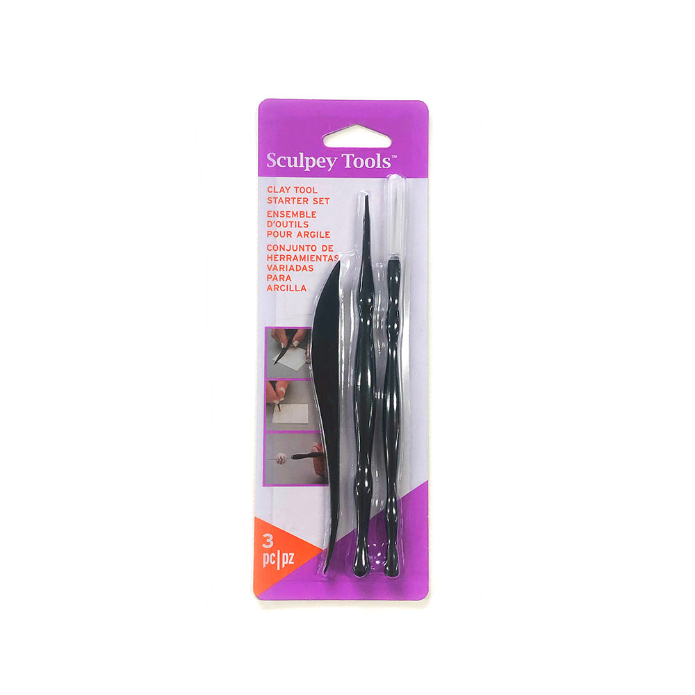 Sculpey Clay Starter Tool Set with three tools. Plastic knife, pointed fine ended tool and a needle ended tool. 