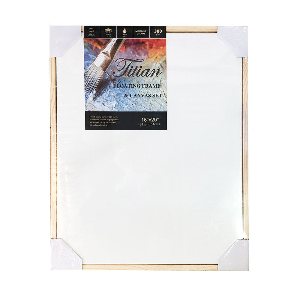 Titian Floating Frame & Canvas Set contains a quality pure cotton canvas, medium in texture and triple primed with acrylic size. Frames in a 45mm deep pine frame. Light wood.